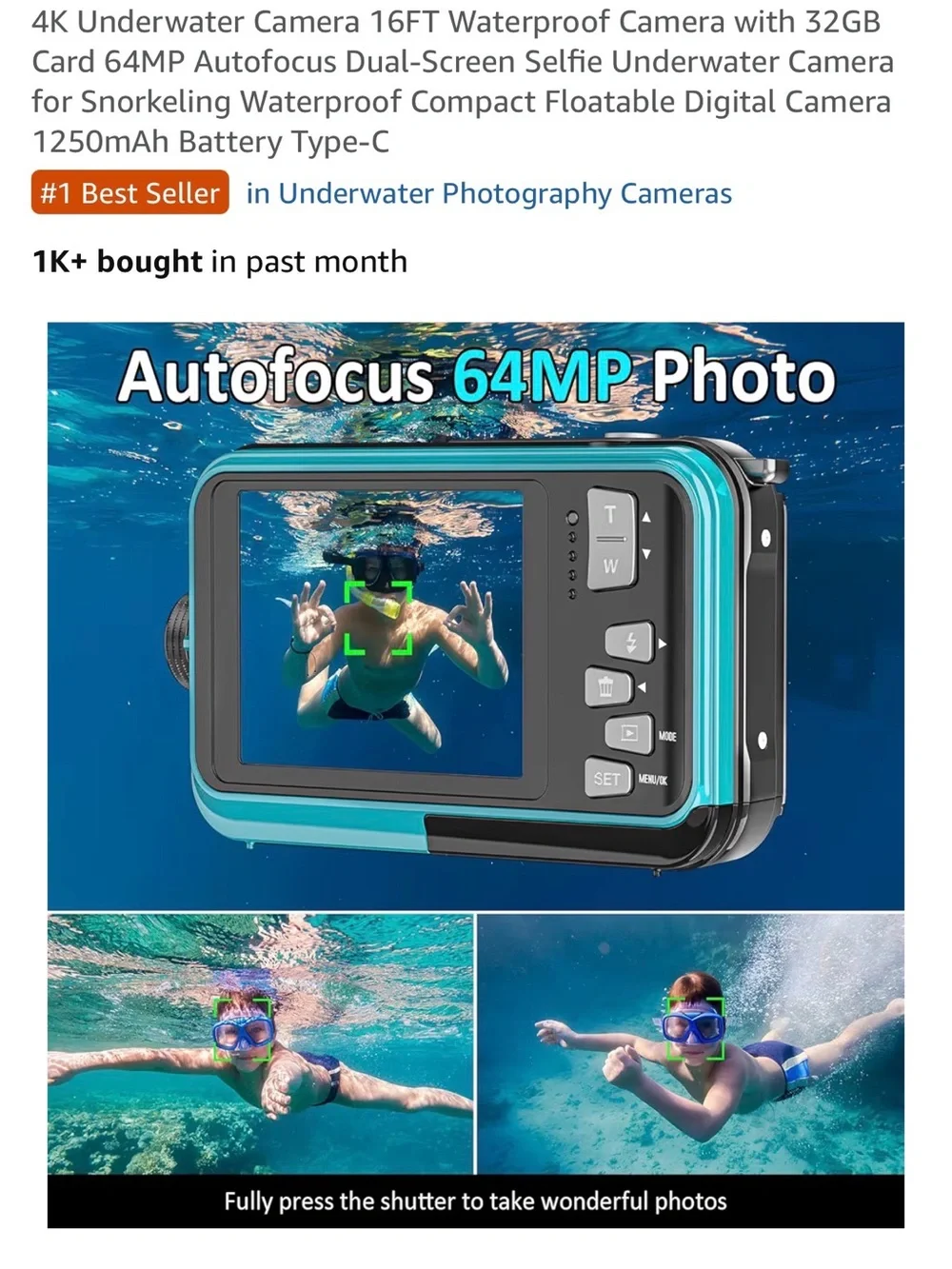 4K Waterproof Underwater Camera - Blue | 64MP Autofocus, Dual-Screen